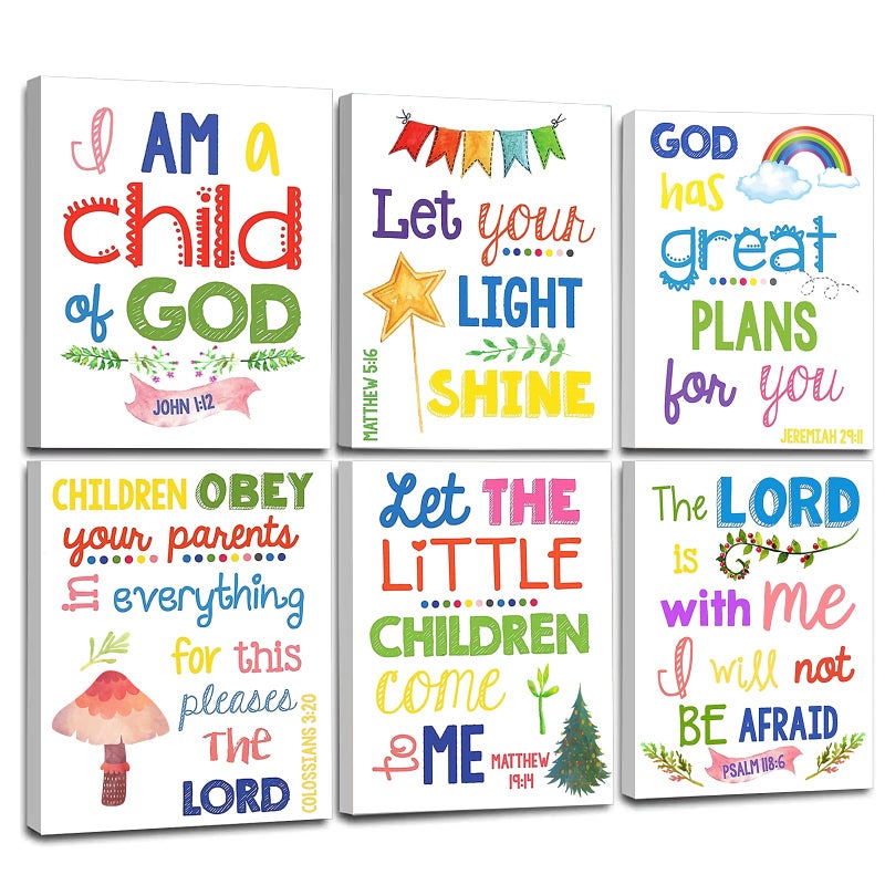 WALTSOM Sunday School Decorations for Classroom, Framed Bible Verse Wall Decor for Kids Room, Christian Religious Wall Art Canvas for Nursery Playroom Bedroom (Set of 6, 8X10in, Framed) - Image 1
